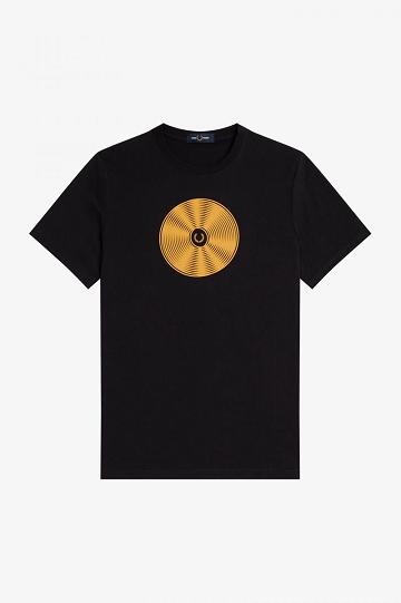 Black Fred Perry Disc Graphic Men's T Shirts | PH 1638HAPK